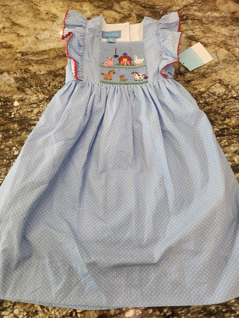 Smocked Light Blue Polka Dot Kids Dress with Farm Animal Motif - Anakiki?
